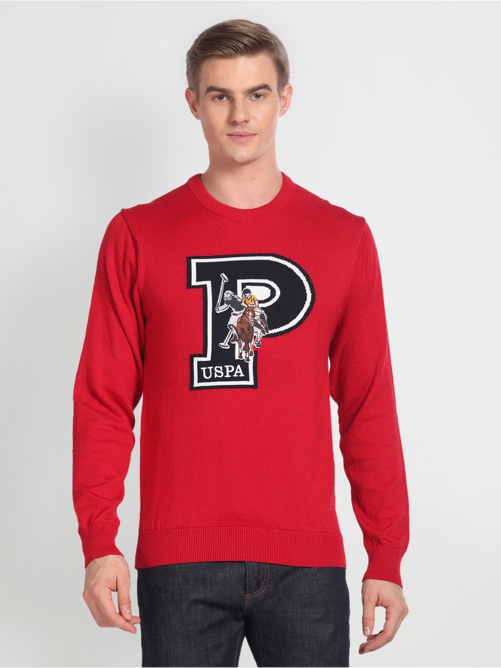 U.S. Polo Assn. Red Knit Crewneck Sweater Big Letter P Patch Graphic Size M